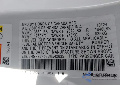 2025 Honda Civic Sport из США, поврежденный, VIN 2HGFE2F58SH542635